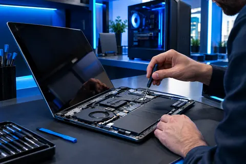 Illustration: an open laptop on a workbench while a technician uses a small screwdriver on its internals