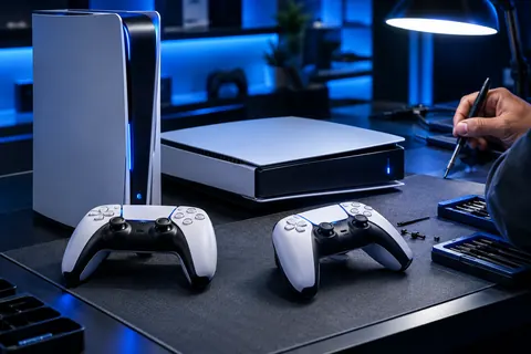 Illustration: two game consoles and controllers on a repair bench under a lamp