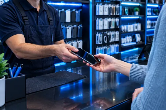 Illustration: a technician handing a repaired phone across a service counter to a customer