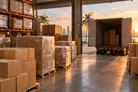 Illustration: shrink-wrapped pallets of boxes in a Miami warehouse with a loaded shipping container at golden hour