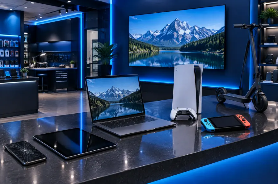 Illustration: a modern repair-store counter with a cracked smartphone, tablet, laptop, game console, electric scooter and a wall-mounted TV under blue lighting