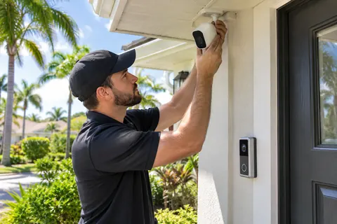 Illustration: a technician installing a security camera on a Florida home next to a smart video doorbell