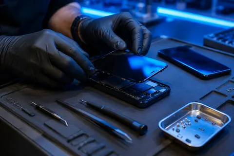 Illustration: gloved hands replacing a smartphone screen on an anti-static repair mat with precision tools