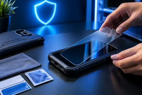 Illustration: a tempered-glass screen protector being applied to a phone in a rugged case beside a glowing shield