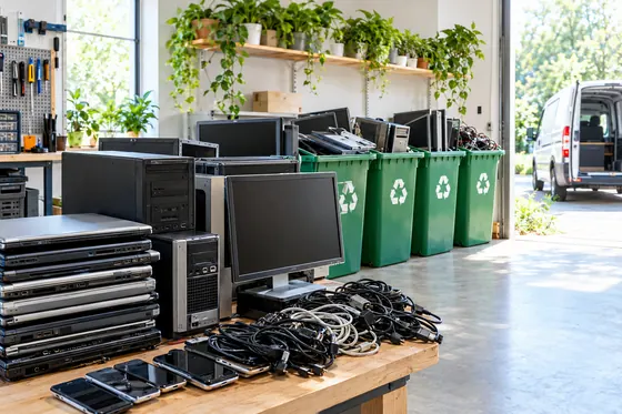 Illustration: old laptops, computers, monitors and cables sorted next to green recycling bins in a bright workshop