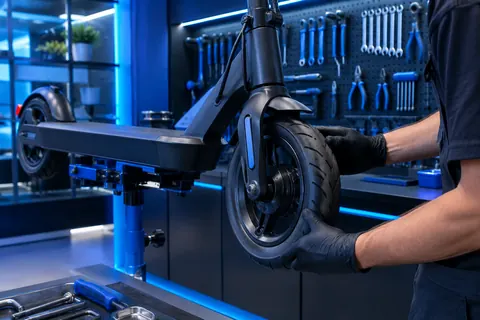 Illustration: an electric scooter on a workshop stand with a technician changing the front tire