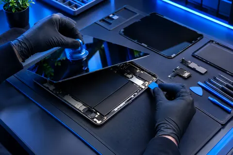 Illustration: a tablet on a repair mat having its screen lifted with a suction tool and pick