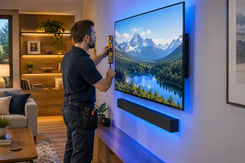 Illustration: a technician levelling a large TV freshly mounted on a living-room wall above a soundbar